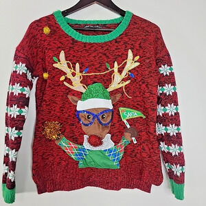 US Sweaters Ugly Christmas Sweater Reindeer Sequin Applique Red Holiday Women M